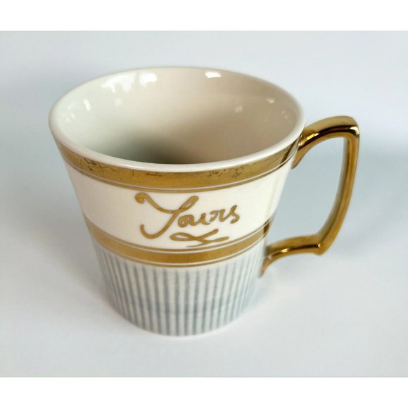Anthropologie Home "Yours & Mine" Ceramic Cup Mug Ivory Blue Gold Set 2 Flaw - Picture 8 of 16